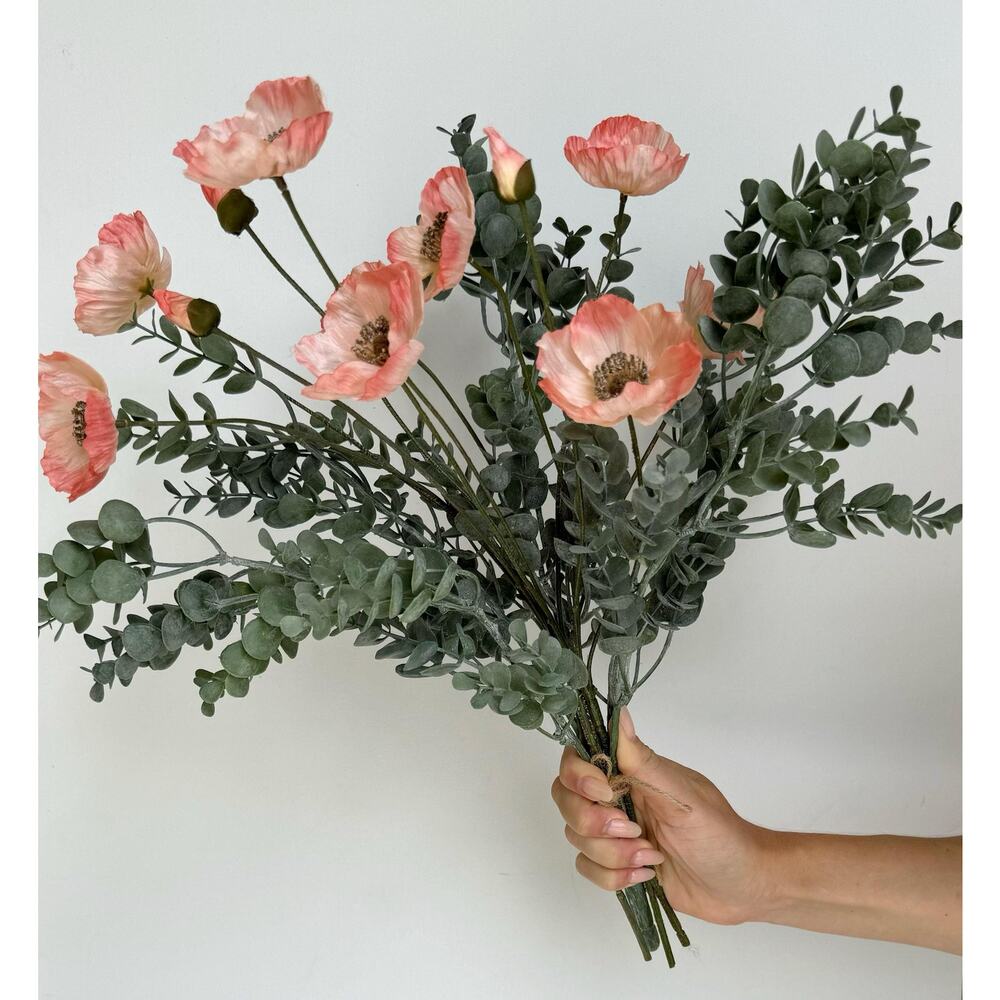 Poppy Flowers and Eucalyptus Faux Flower Arrangement - Coral Pink Poppy Flowers